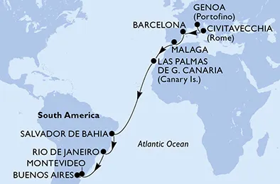 Route 20 Nächte Positionierungsfahrten ab Genua bis Buenos Aires