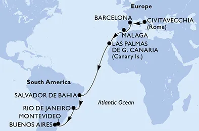 Route 19 Nächte Positionierungsfahrten ab Civitavecchia (Rom) bis Buenos Aires