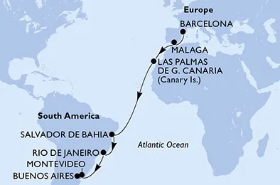 Route 17 Nächte Positionierungsfahrten ab Barcelona bis Buenos Aires