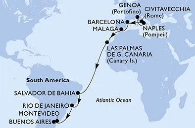 Route 21 Nächte Positionierungsfahrten ab Neapel bis Buenos Aires