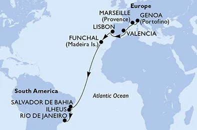 Route 16 Nächte Positionierungsfahrten ab Genua bis Rio De Janeiro