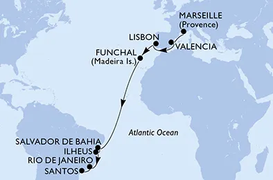 Route 16 Nächte Positionierungsfahrten ab Marseille bis Santos