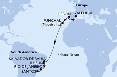 Route 15 Nächte Positionierungsfahrten ab Valencia bis Santos