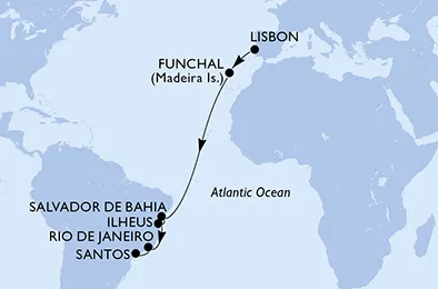 Route 13 Nächte Positionierungsfahrten ab Lissabon bis Santos
