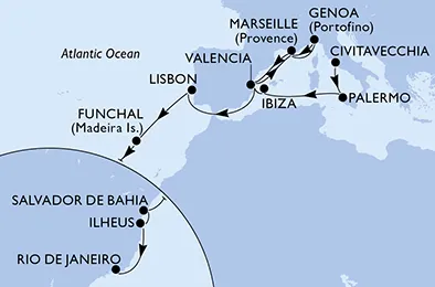 Route 22 Nächte Positionierungsfahrten ab Civitavecchia (Rom) bis Rio De Janeiro