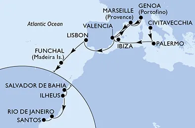Route 23 Nächte Positionierungsfahrten ab Civitavecchia (Rom) bis Santos