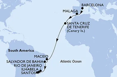 Route 18 Nächte Positionierungsfahrten ab Barcelona bis Santos