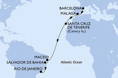 Route 16 Nächte Positionierungsfahrten ab Barcelona bis Rio De Janeiro