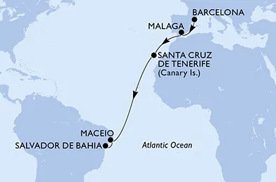 Route 13 Nächte Positionierungsfahrten ab Barcelona bis Salvador