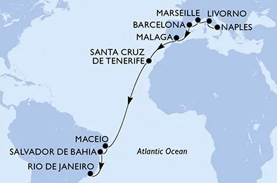 Route 19 Nächte Positionierungsfahrten ab Neapel bis Rio De Janeiro