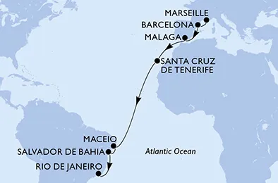 Route 17 Nächte Positionierungsfahrten ab Marseille bis Rio De Janeiro