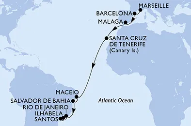 Route 19 Nächte Positionierungsfahrten ab Marseille bis Santos