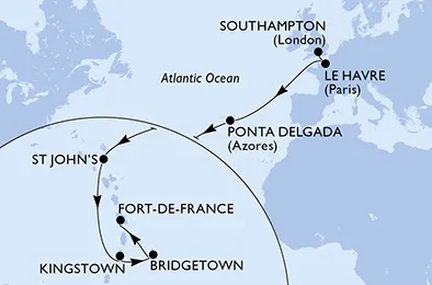Route 14 Nächte Positionierungsfahrten ab Southampton bis Fort De France