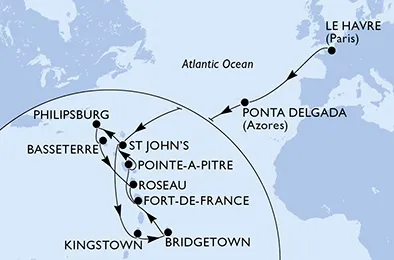 Route 20 Nächte Positionierungsfahrten ab Paris/Le Havre bis Fort De France