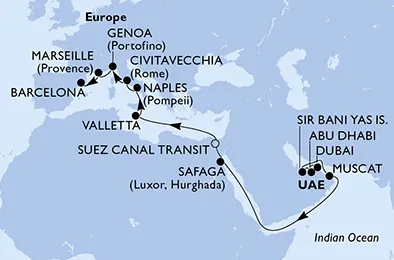 Route 21 Nächte Positionierungsfahrten ab Dubai bis Barcelona