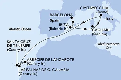 Route 10 Nächte Kanaren ab Barcelona bis Santa Cruz De Tenerife