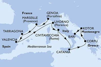 Route 10 Nächte Mittelmeer ab Genua bis Bari