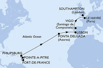 Route 16 Nächte Positionierungsfahrten ab Fort De France bis Southampton
