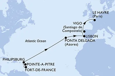 Route 15 Nächte Positionierungsfahrten ab Fort De France bis Paris/Le Havre