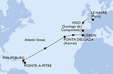 Route 14 Nächte Positionierungsfahrten ab Pointe A Pitre bis Paris/Le Havre
