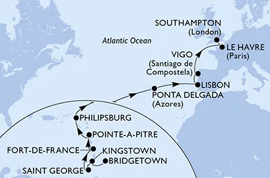 Route 20 Nächte Positionierungsfahrten ab Bridgetown bis Southampton