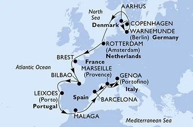 Route 16 Nächte Nordeuropa ab Kopenhagen bis Barcelona