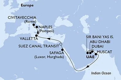 Route 18 Nächte Positionierungsfahrten ab Dubai bis Civitavecchia (Rom)
