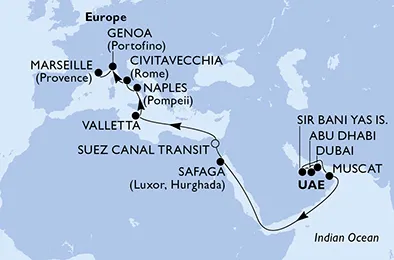 Route 20 Nächte Positionierungsfahrten ab Dubai bis Marseille