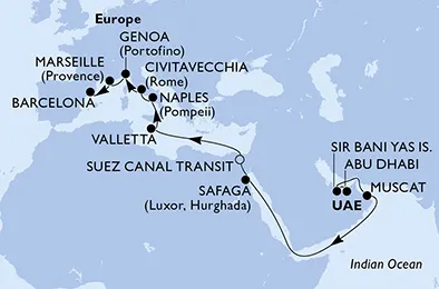 Route 19 Nächte Positionierungsfahrten ab Abu Dhabi bis Barcelona