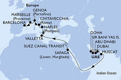 Route 23 Nächte Positionierungsfahrten ab Doha bis Barcelona