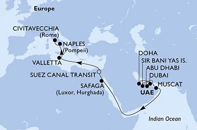 Route 20 Nächte Positionierungsfahrten ab Doha bis Civitavecchia (Rom)