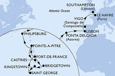 Route 22 Nächte Positionierungsfahrten ab Pointe A Pitre bis Southampton