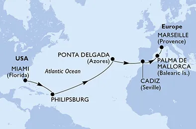 Route 15 Nächte Positionierungsfahrten ab Miami bis Marseille
