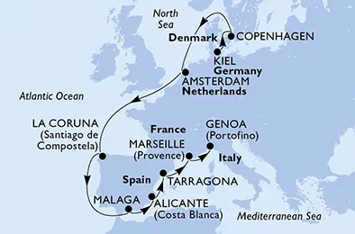 Route 12 Nächte Nordeuropa ab Kiel bis Genua