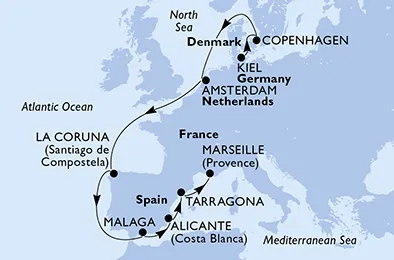 Route 11 Nächte Nordeuropa ab Kiel bis Marseille