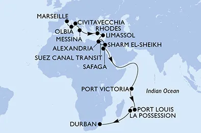Route 27 Nächte Positionierungsfahrten ab Marseille bis Durban