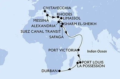 Route 25 Nächte Positionierungsfahrten ab Civitavecchia (Rom) bis Durban