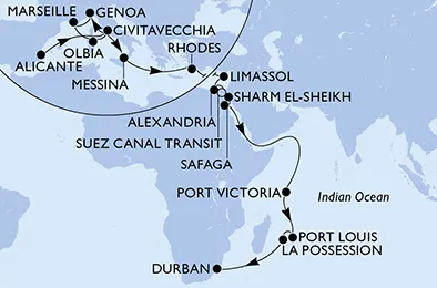 Route 31 Nächte Positionierungsfahrten ab Alicante bis Durban