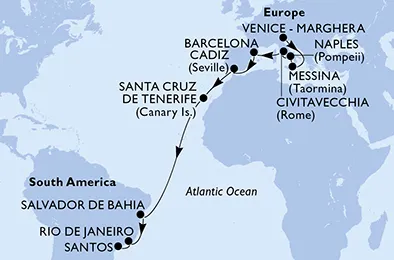 Route 20 Nächte Positionierungsfahrten ab Venedig bis Santos