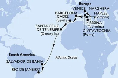 Route 19 Nächte Positionierungsfahrten ab Venedig bis Rio De Janeiro
