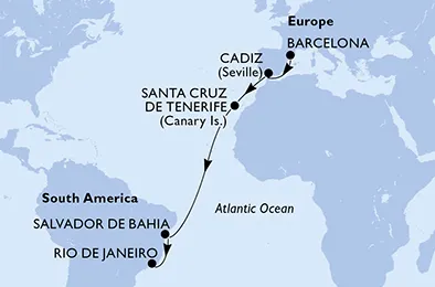 Route 13 Nächte Positionierungsfahrten ab Barcelona bis Rio De Janeiro