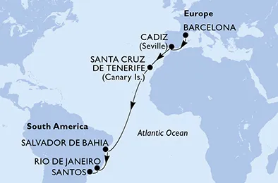 Route 14 Nächte Positionierungsfahrten ab Barcelona bis Santos