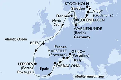 Route 14 Nächte Nordeuropa ab Stockholm bis Genua