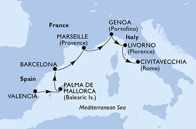 Route 6 Nächte Mittelmeer ab Valencia bis Civitavecchia (Rom)