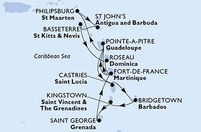 Route 14 Nächte Karibik ab Fort De France bis Auf See
