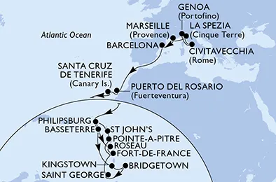 Route 28 Nächte Positionierungsfahrten ab Genua bis Fort De France
