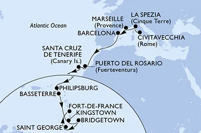 Route 20 Nächte Positionierungsfahrten ab Civitavecchia (Rom) bis Fort De France