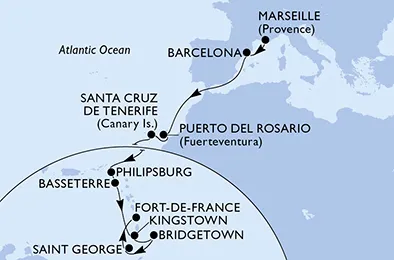 Route 18 Nächte Positionierungsfahrten ab Marseille bis Fort De France