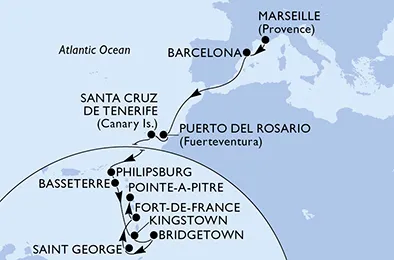 Route 19 Nächte Positionierungsfahrten ab Marseille bis Pointe A Pitre