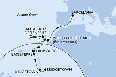Route 14 Nächte Positionierungsfahrten ab Barcelona bis Bridgetown